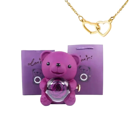 Eternal Rose Bear Gifts Box with Necklace Rotate Rose Jewelry Box Valentine Wedding Storage Christmas Gift for Women Girlfriend