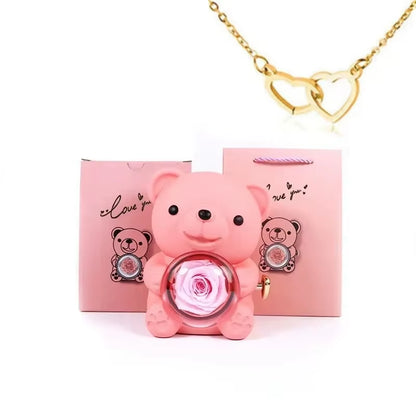Eternal Rose Bear Gifts Box with Necklace Rotate Rose Jewelry Box Valentine Wedding Storage Christmas Gift for Women Girlfriend