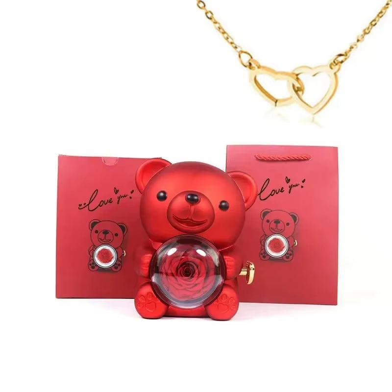 Eternal Rose Bear Gifts Box with Necklace Rotate Rose Jewelry Box Valentine Wedding Storage Christmas Gift for Women Girlfriend