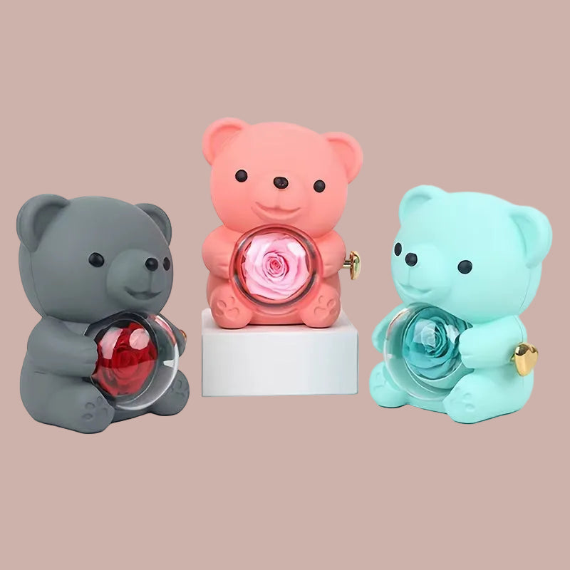 Eternal Rose Bear Gifts Box with Necklace Rotate Rose Jewelry Box Valentine Wedding Storage Christmas Gift for Women Girlfriend